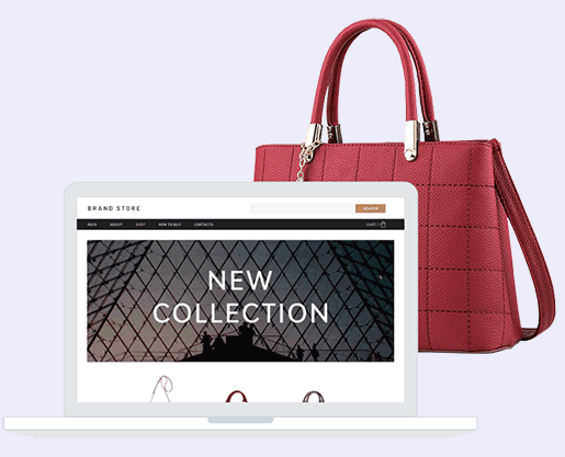 Image of an ecommerce website for handbags with a handbag in the background