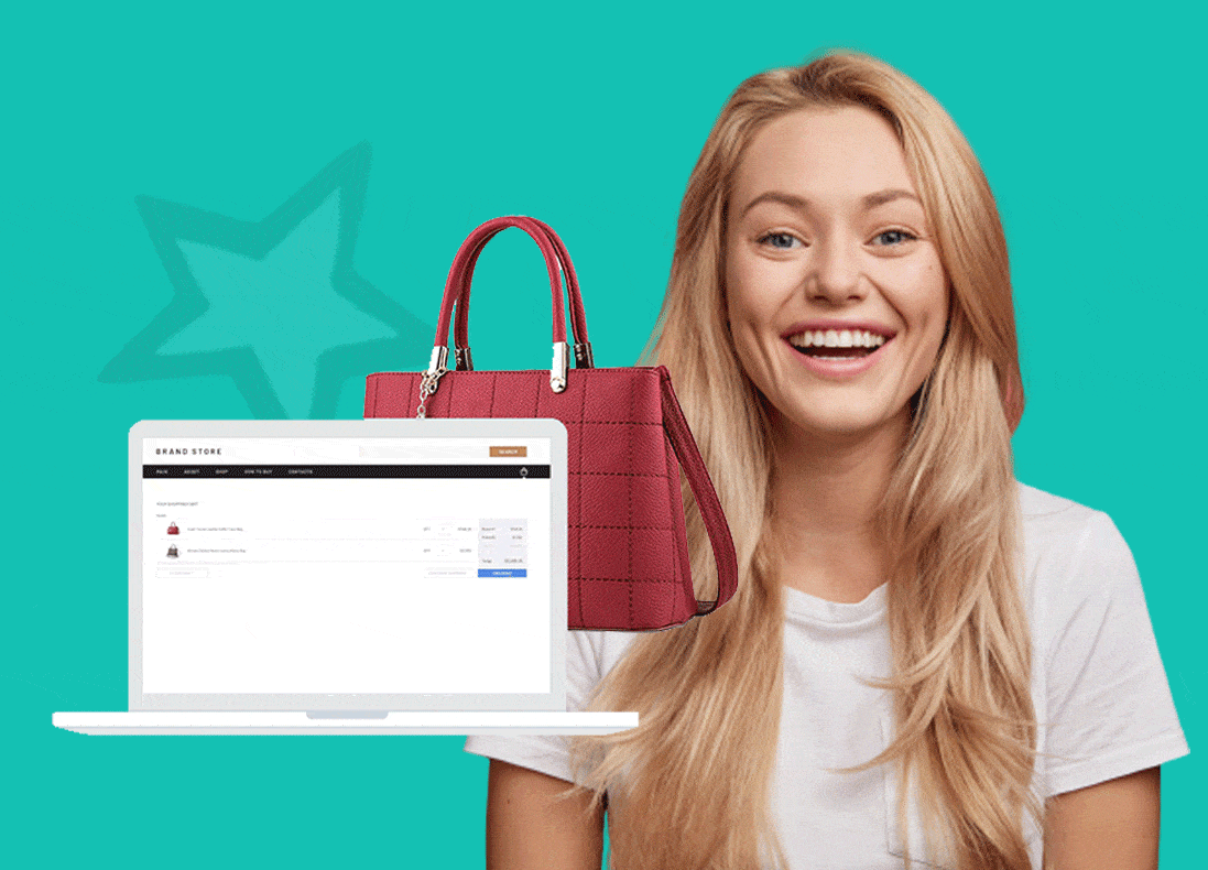 smiling woman with a purse and laptop