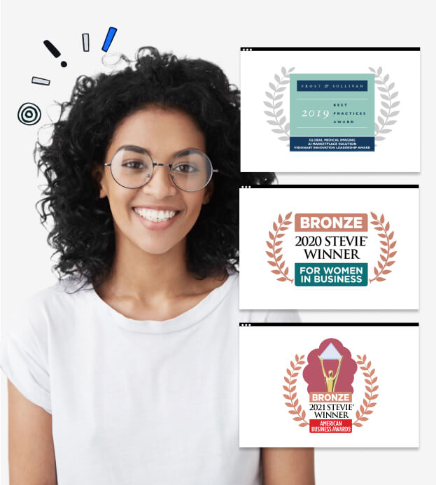 Smiling female with overlapping awards for 2019 best contact center 2020 stevie bronze award for business products - women in business and 2021 stevie bronze award for business technology