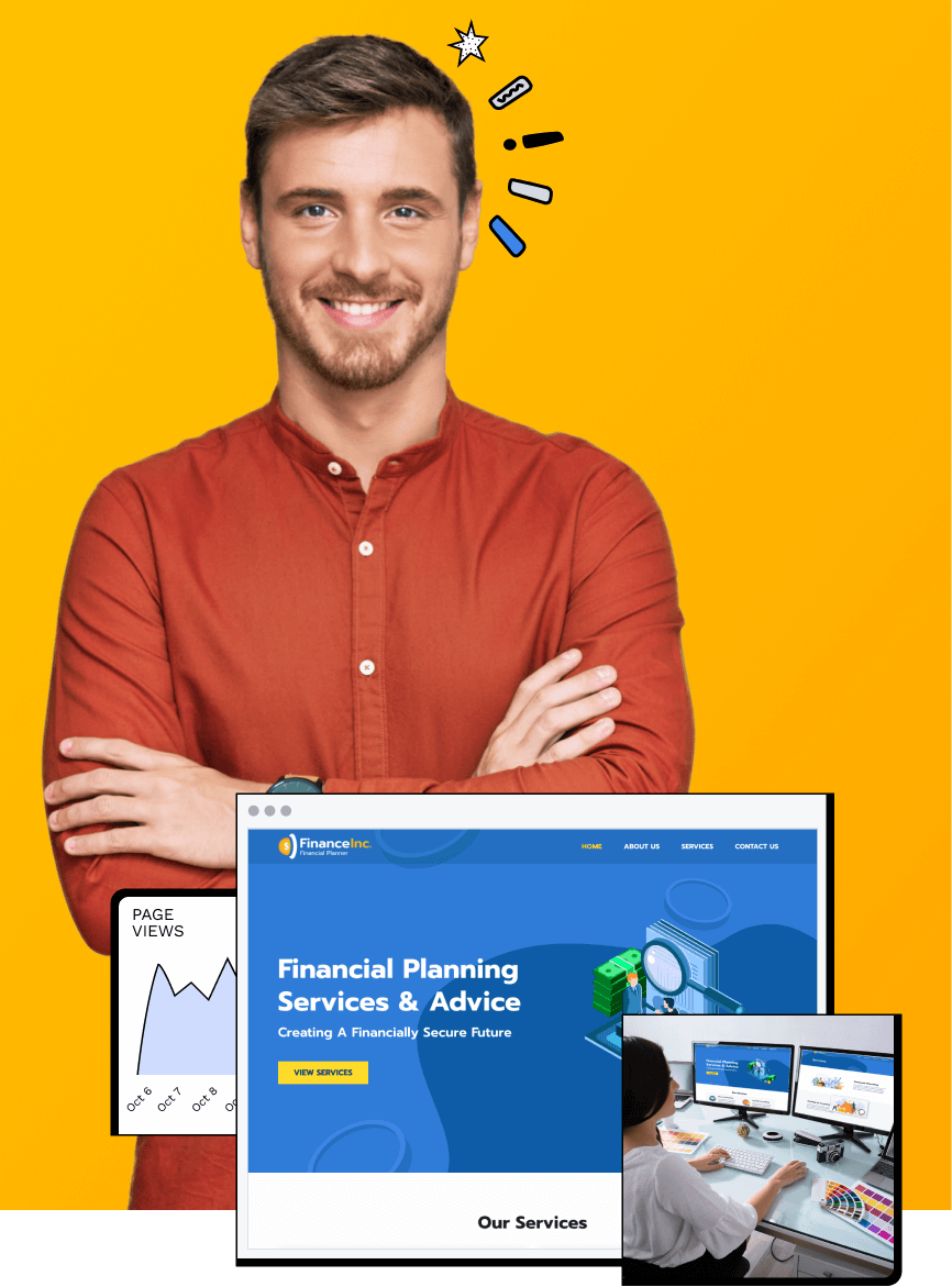 Smiling man with his arms crossed with an image of a financial planning website, website analytics, and a woman working on a computer in the forefront