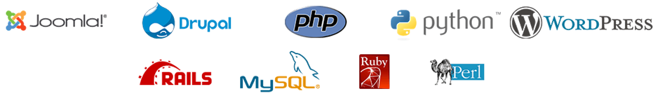 Logos for: Joomla!, Drupal, PHP, Python, WordPress, Rails, MySQL, Ruby, Perl