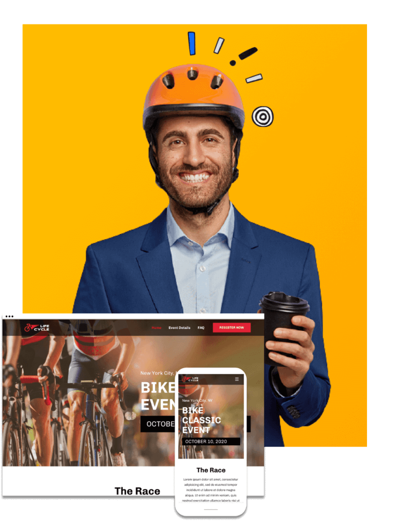 Man in a bike helmet smiling with an image of a bicycle website in the foreground