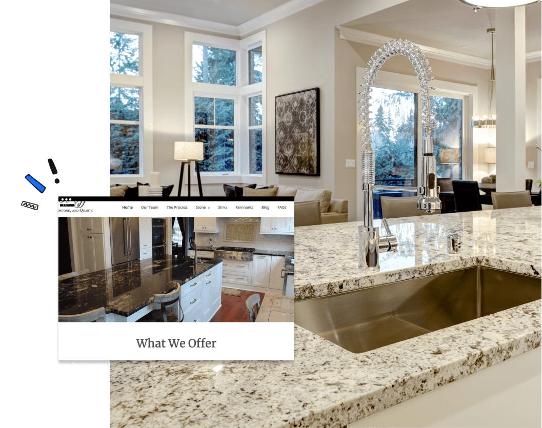 Image of a kitchen island overlooking a living area with a screenshot of a granite company website