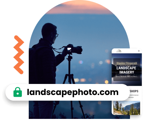 Image of a photographer overlapped by mobile phone displaying a photography website