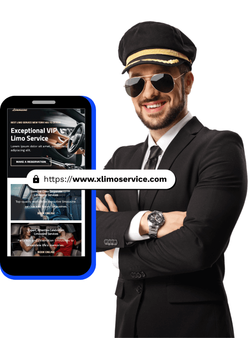Smiling limo driver overlapped by mobile website displaying a website for limousine service
