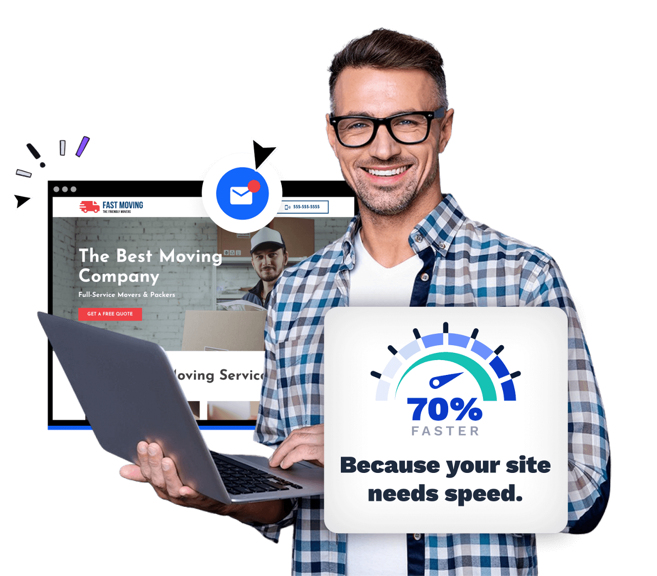 smiling man holding a laptop with a site speed graphic and website in the background