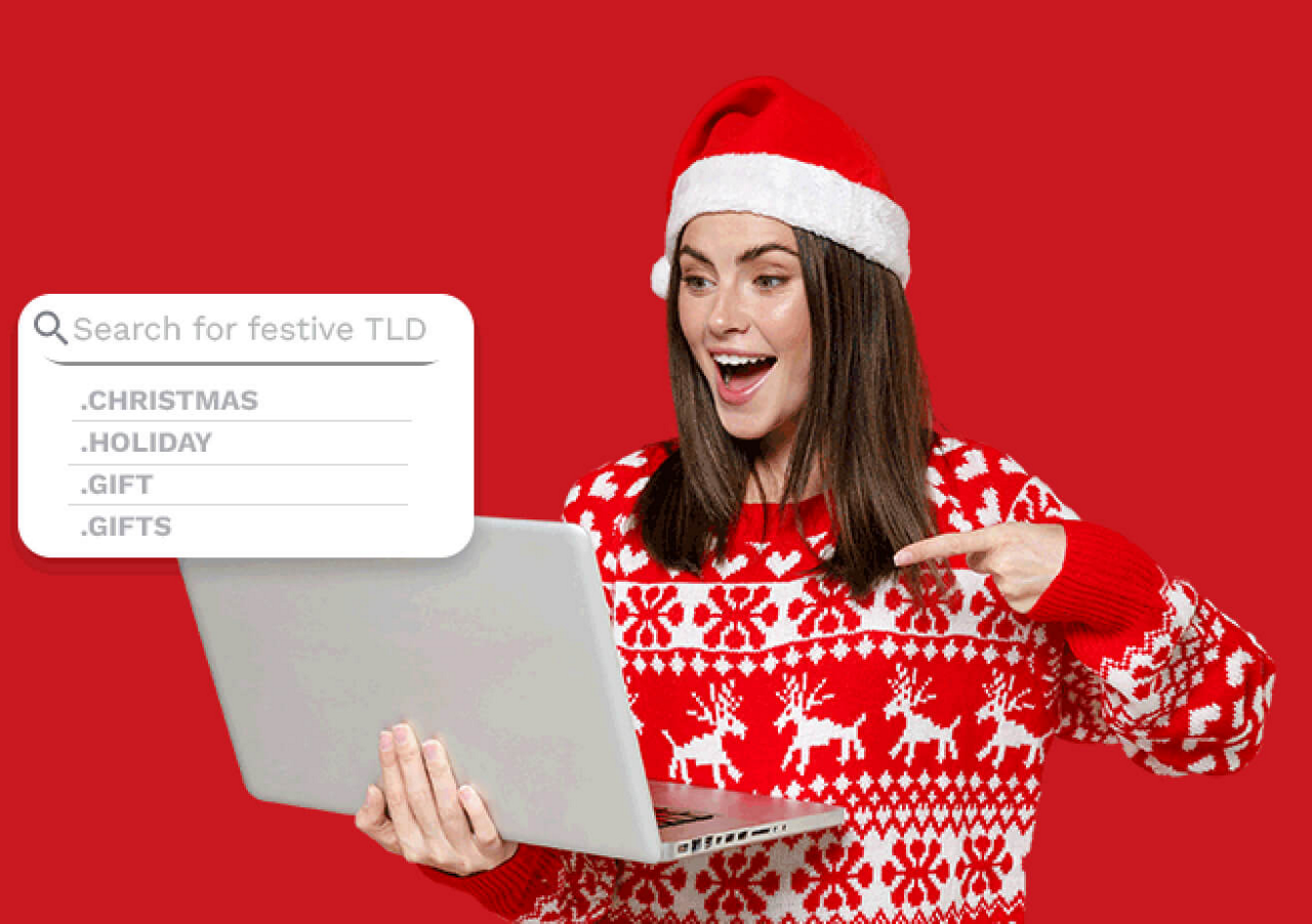 Festive woman shopping for domains