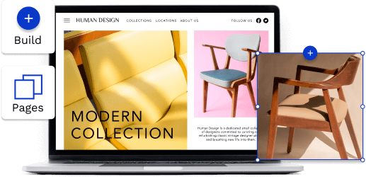 furniture website displayed on a laptop with a product image in the forefront and edit buttons on the side