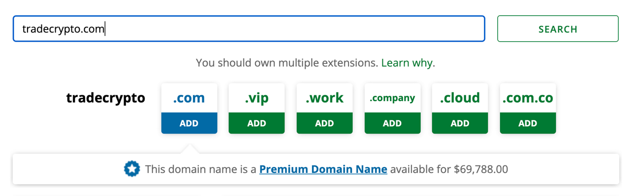 Example of a premium domain search result tradecrypto.com