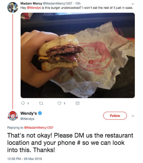 Wendy's replying to an unhappy customer on Twitter
