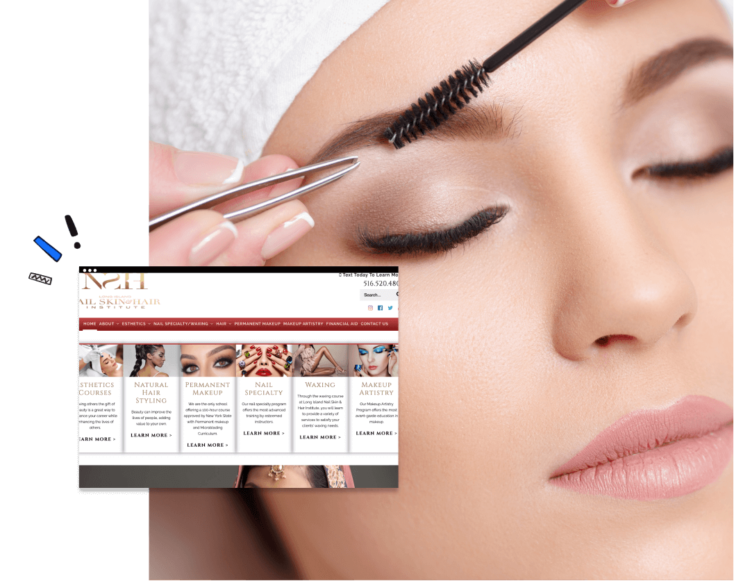 Image of a woman getting beauty treatments with a screenshot of a nail, skin, and hair website