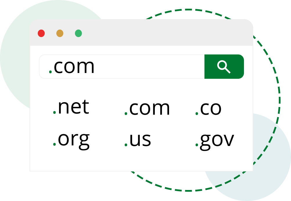 browser graphic showing popular top level domains