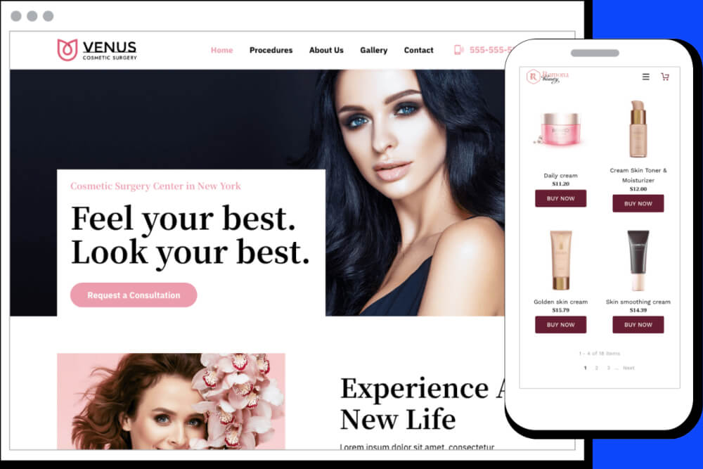 Example of a beauty website with a mobile device showcasing beauty products