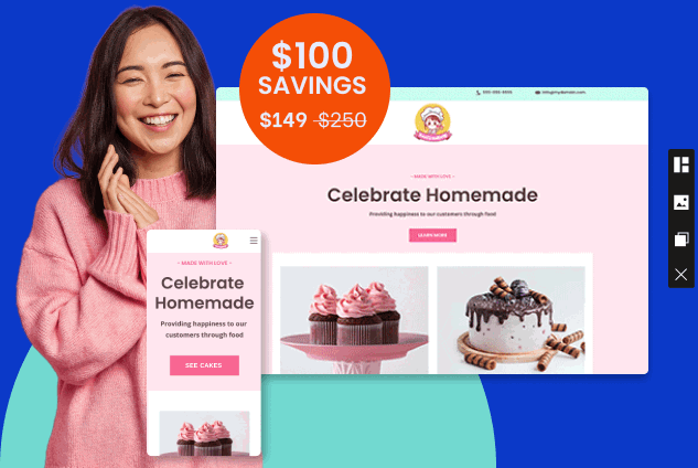 Smiling Asian woman showcasing bakery website