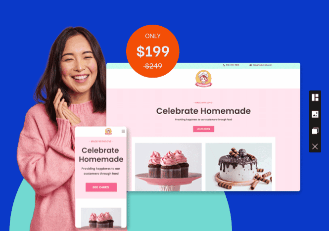 Smiling Asian woman showcasing bakery website