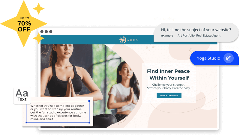 image of a yoga website with AI features enabled + promo of up to 70% off
