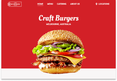 Burger cafe website with product image, menu, catering, locations, and about us