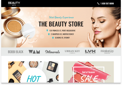 Beauty store website highlighting makeup brands and beauty products