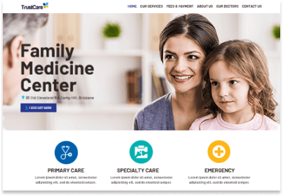 Family medical clinic website focusing on primary, specialty, and emergency care