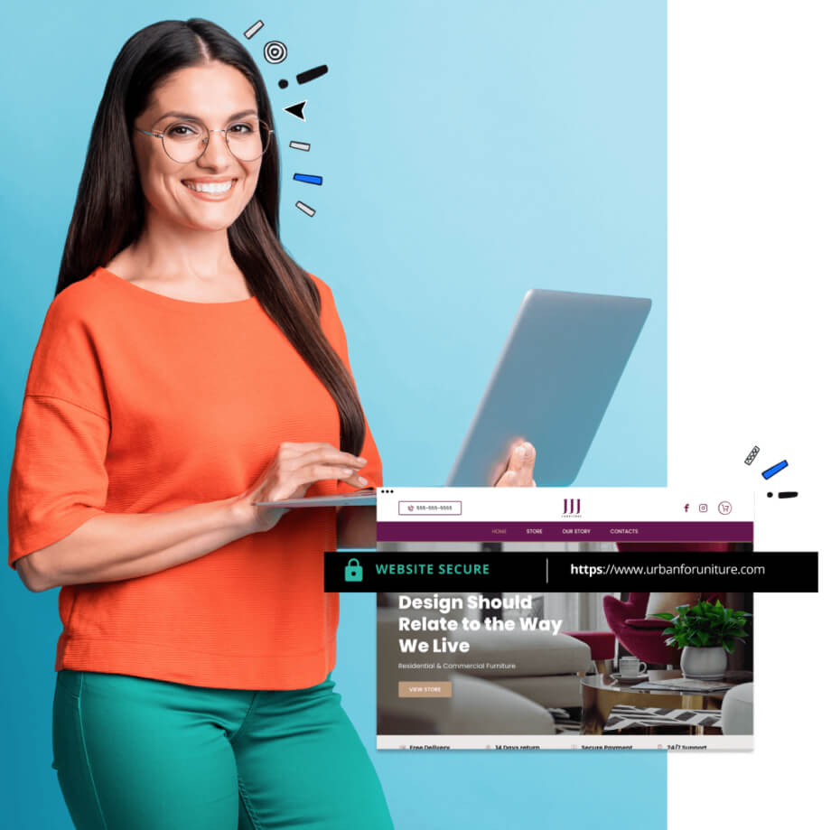 Happy woman holding a laptop showcasing a secure website