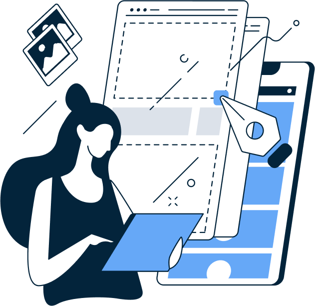 Image of a young lady pointing to a illustration designing account pages