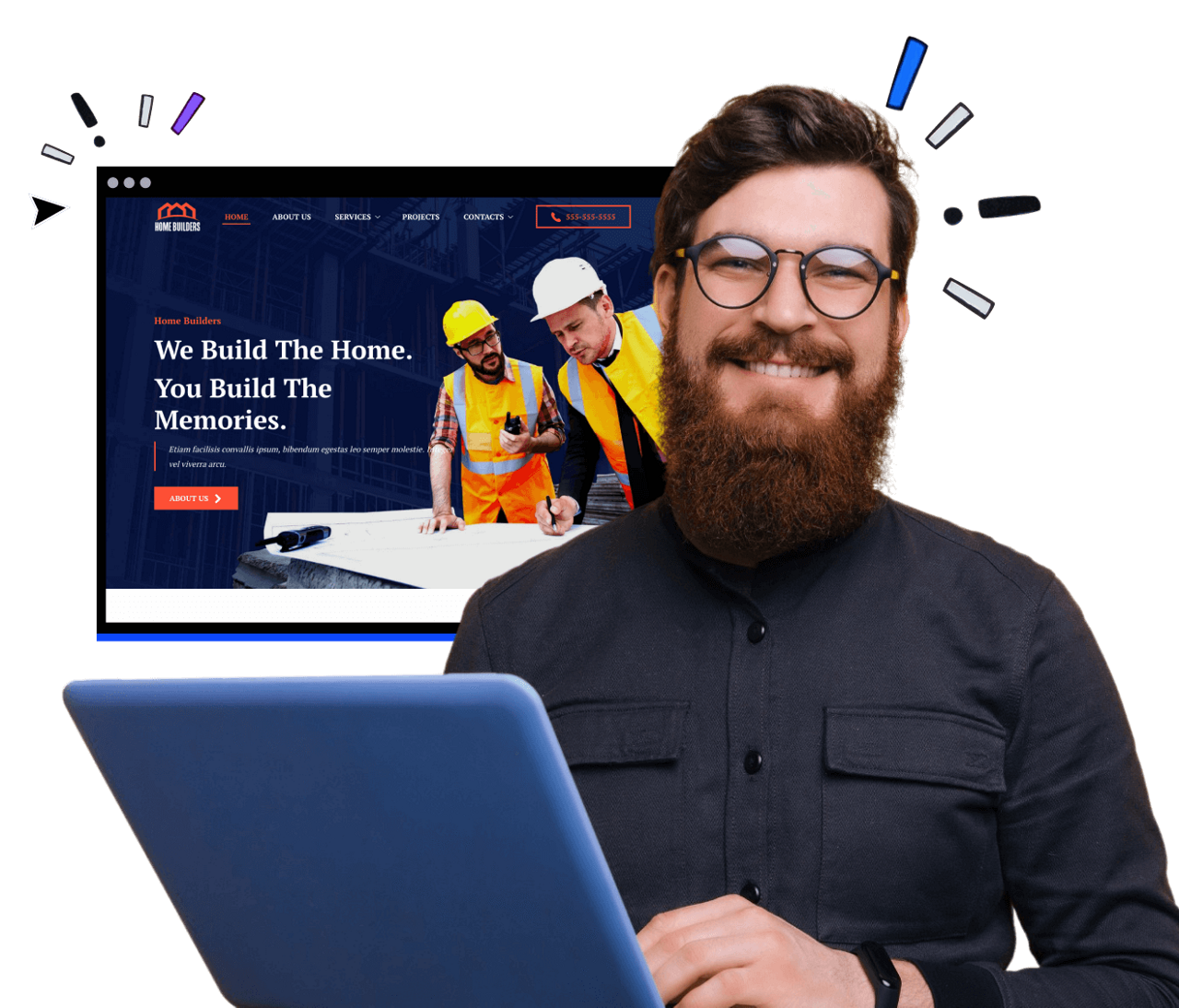 man smiling while holding a laptop with an image of a wordpress website in the background