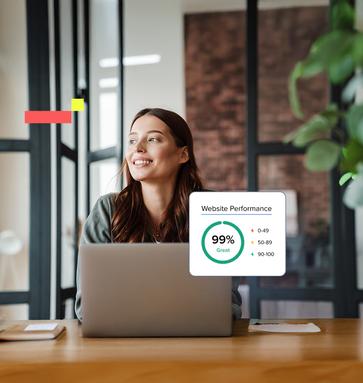 woman with laptop browsing a website with 99% website performance