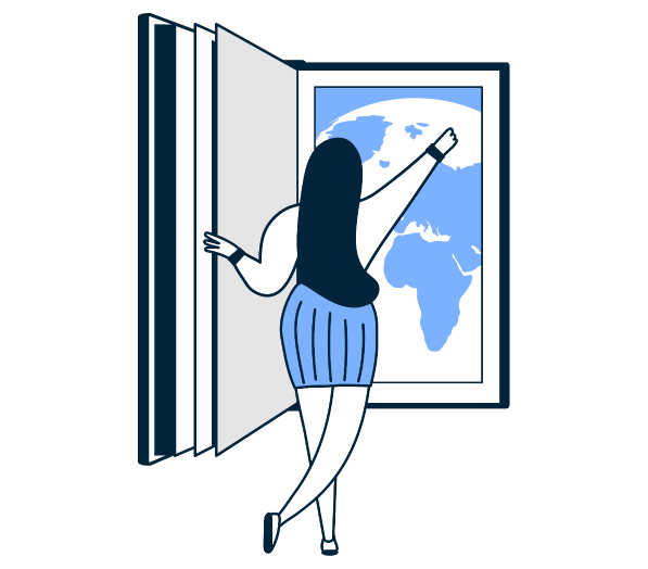 staande vrouw kijkt naar wereldatlas in boek