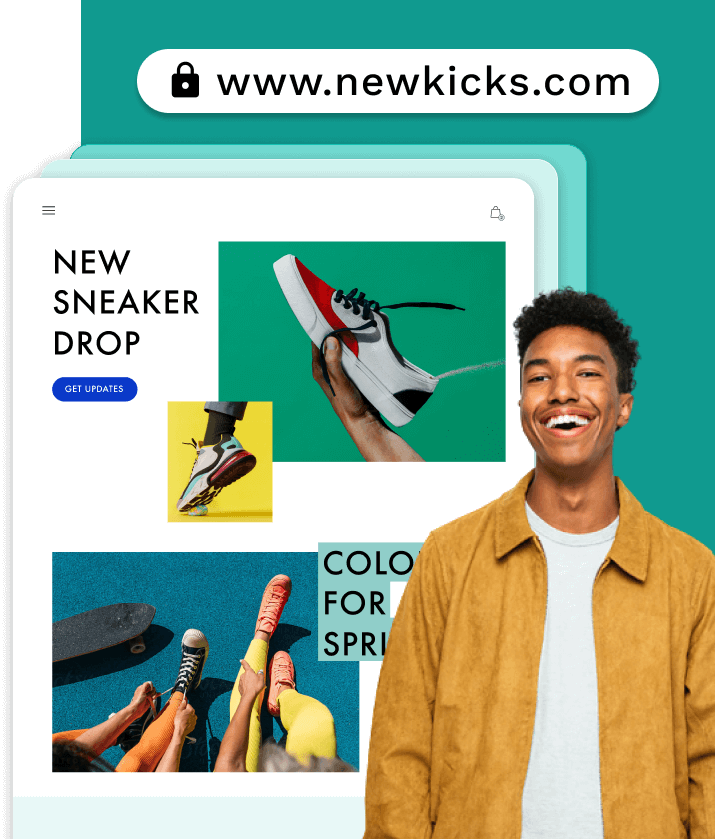 Man standing up and smiling. Man is looking at the camera with a sneaker ecommerce website behind them