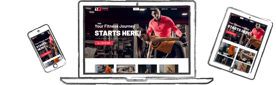 screenshot of a fitness website on a illustrated laptop, tablet, and mobile device