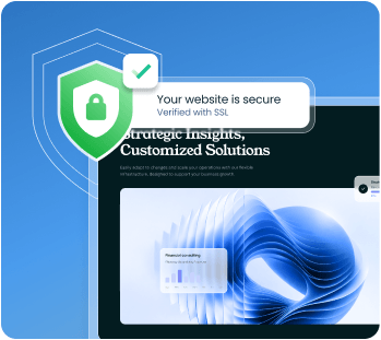 Shield icon with checkmark and 'Your website is secure, Verified with SSL' badge over an abstract blue security graphic