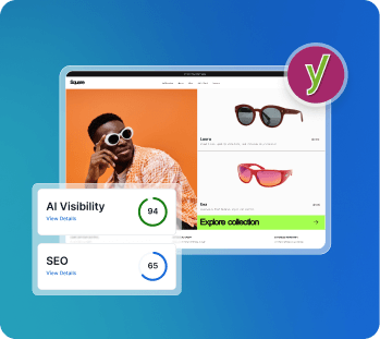 Online sunglasses store product page with AI Visibility score of 94 and SEO score of 65 displayed