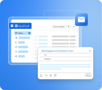 Bluehost email inbox interface with a compose window showing a branded 'name@yourcompany.com' address