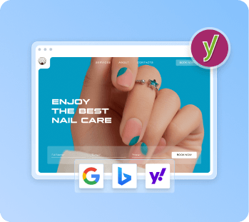 Nail care website preview with Google, Bing, and Yahoo search engine icons below it