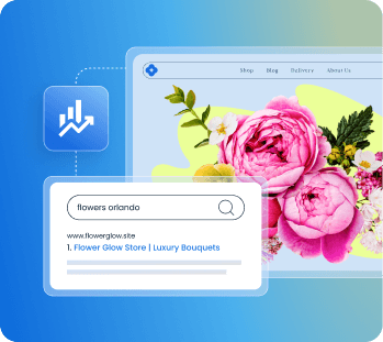 Flower shop website search results for 'flowers orlando' with a rising trend chart icon and floral imagery