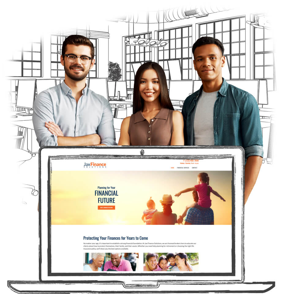 Three business owners standing with an illustration of a open office in the background and a illustration of a laptop with a custom website on the screen in the front