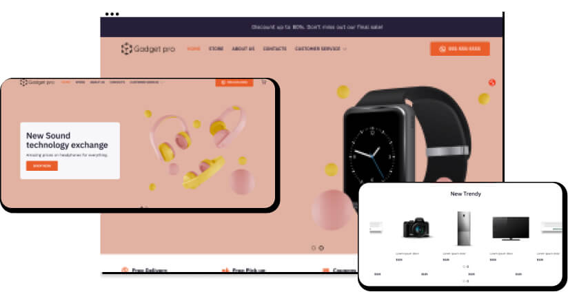 Website displaying watch overlapped by mobile views of the same website displaying electronics and online store