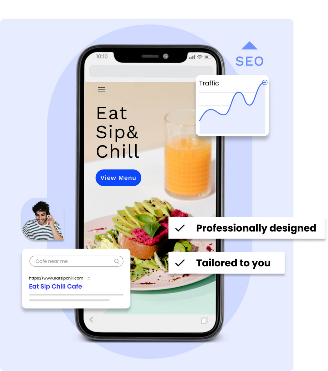 website design services showing a cafe website displayed on a mobile device