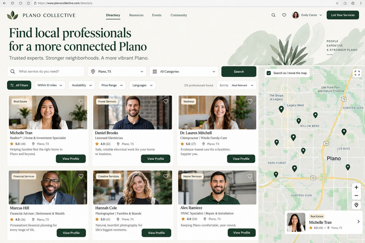 Plano Collective — illustrative app concept on desktop