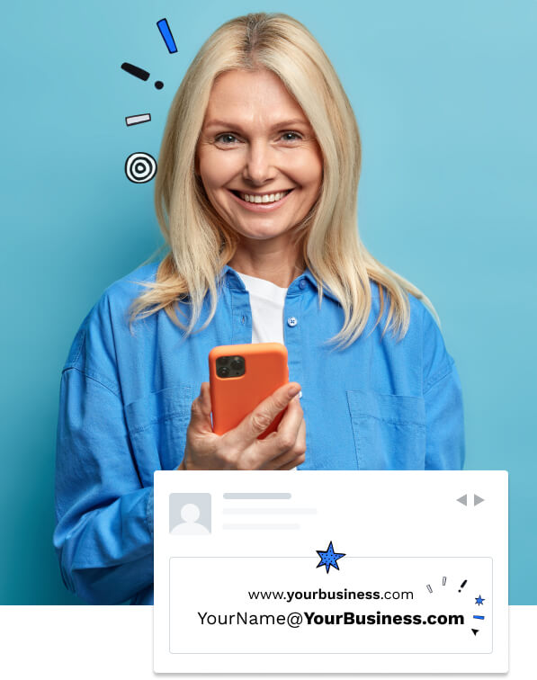 Smiling female holding mobile phone overlapped by illustration showing custom domain name and custom business email