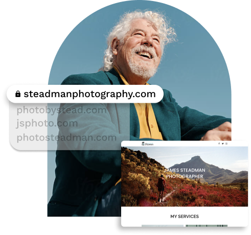 Man smiling up to the sky. Domain name options shown in address bar with website template