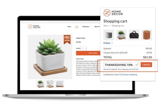 home decor website with a close up of a shopping cart