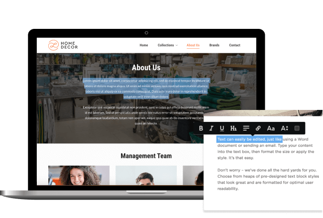 home decor website with the about us page on the screen