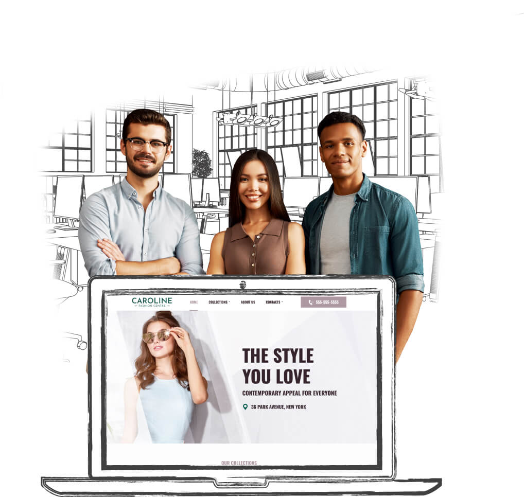 eCommerce website design service experts around a laptop showing a apparel website on a laptop