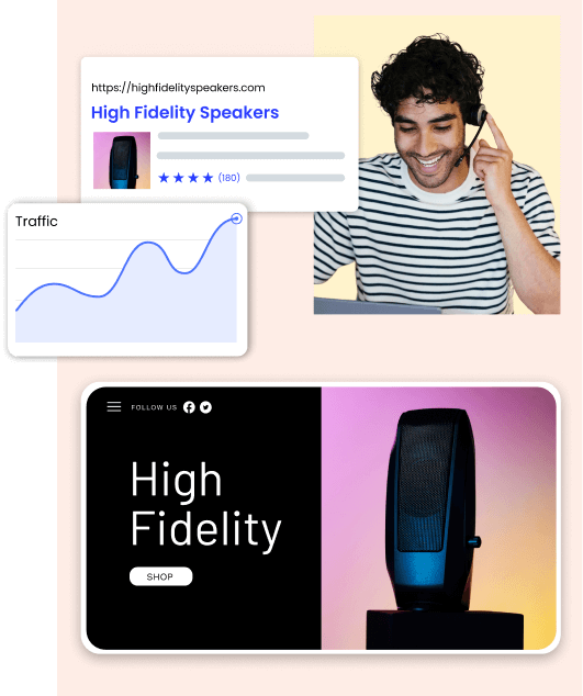 Image displaying smiling customer representative with illustrations showing products for sale online