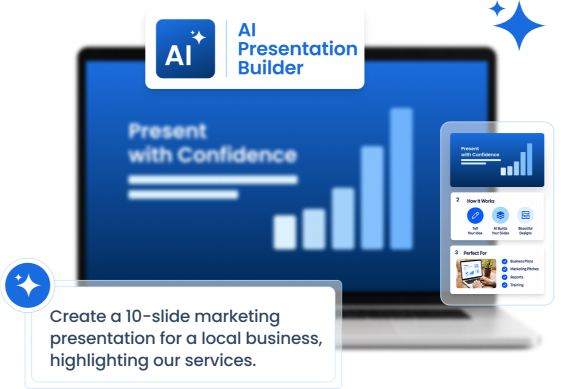 image showing AI prompt to "create a 10-slide marketing presentation for a local business, highlighting services"