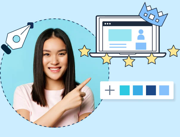 Image of a young lady pointing to a illustration designing account pages