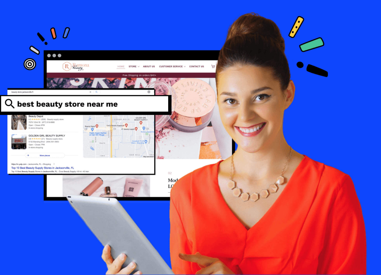 woman smiling while holding a tablet + images of a website and search results page in the background