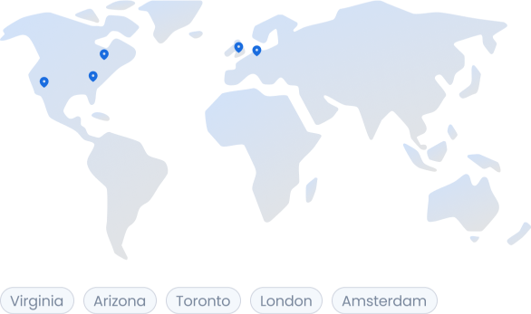 Image showing world map with five data center locations on Virginia, Arizona, Toronto, London and Amsterdam