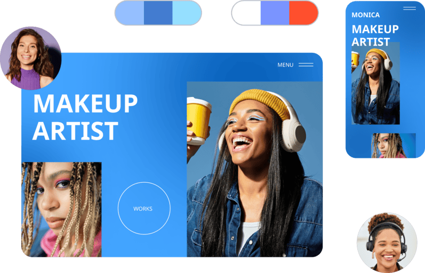 makeup artist website with photos of owner and support agent
